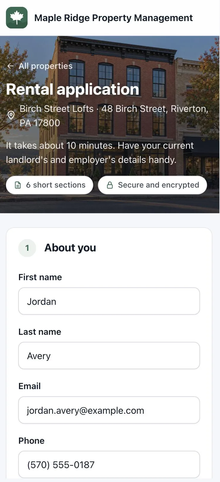 A rental application form on a phone