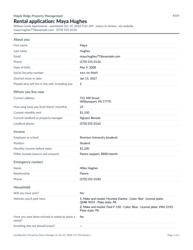 A rental application as a printable PDF
